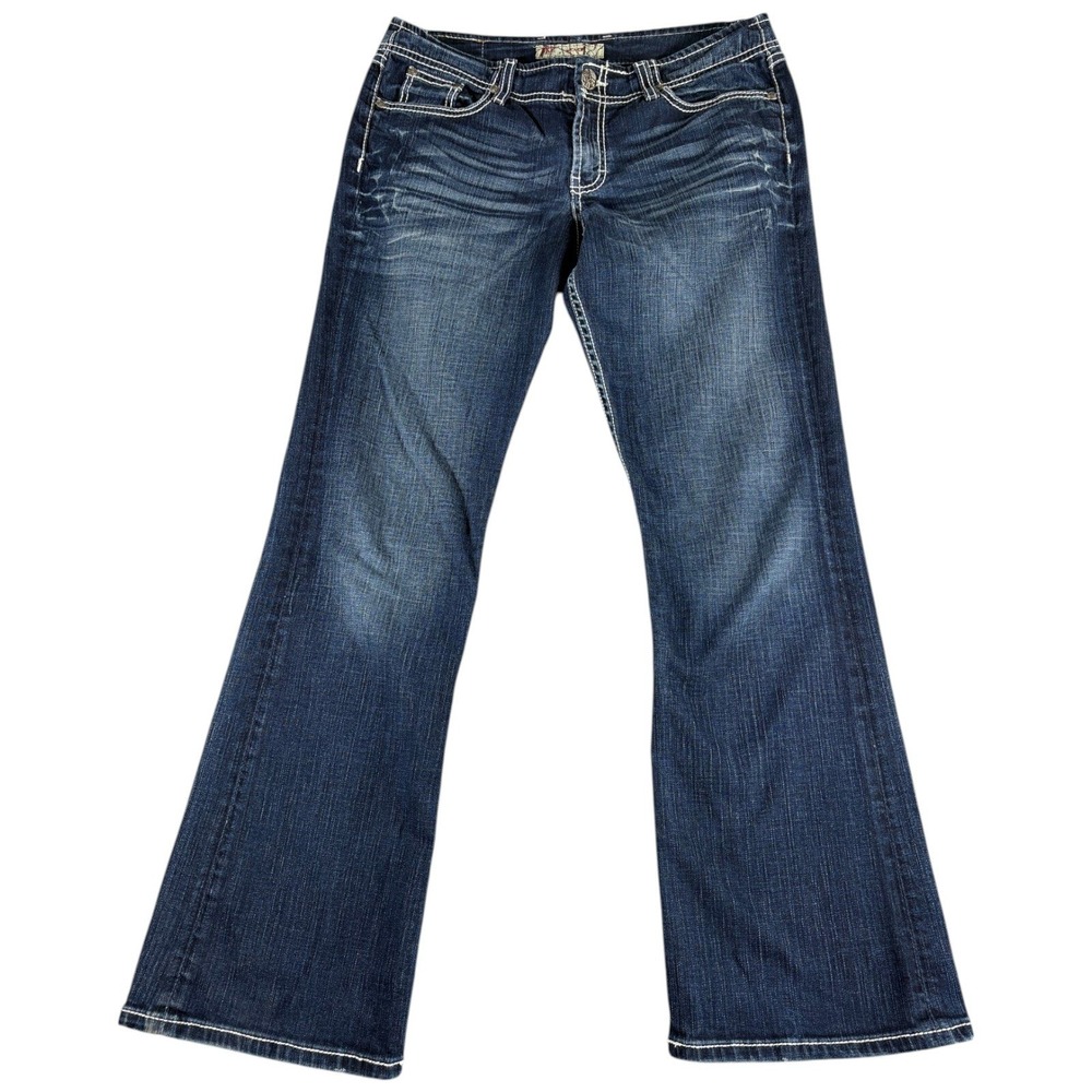 Buckle BKE Wendi Bootcut Jeans Womens 30x31.5 Blue Whiskering Denim Thick Stitch